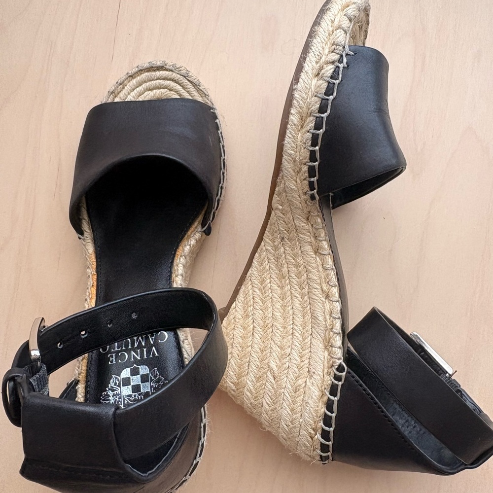 Vince Camuto Black Leather Espadrille Wedge Sandals with Ankle Strap - Picture 4 of 7
